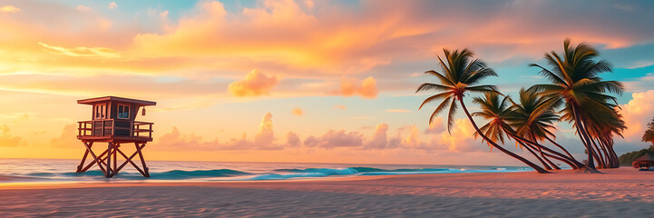 Fototapeta premium Serene Sunset on Tropical Beach with Lifeguard Stand