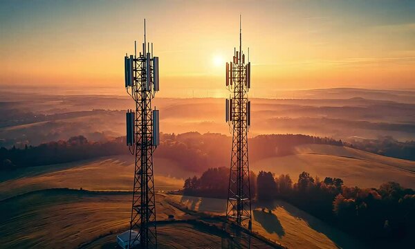 Cell Towers at Sunset: Telecommunications Infrastructure at Golden Hour