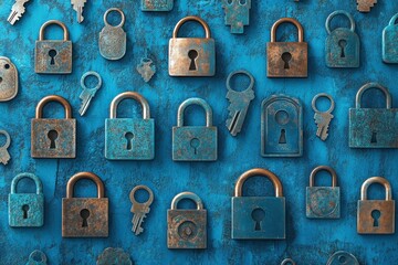 Multiple padlock icons arranged on a blue background with digital data processing symbolism, nkey and padlock icons and digital data processing over blue background