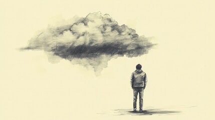 Obraz premium Man Stares at Stormy Cloud, a Contemplative Sketch on Cream Background Depicting Solitude and Uncertainty