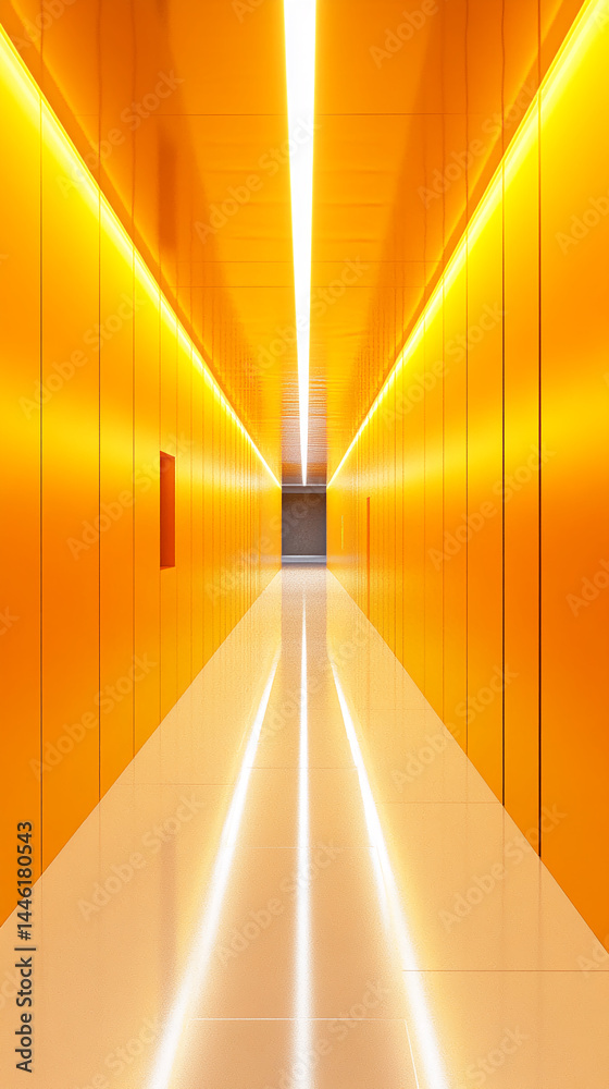 Poster Bright orange corridor with glowing lines on floor and walls, creating a modern and minimalist architectural showcase, symbolizing innovation and forward movement