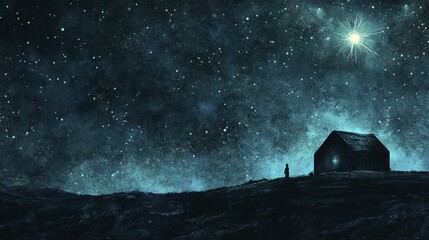 Night Sky Over Rural Building with Lone Figure Silhouette Underneath Shining Star, Seascape Hilltop Home