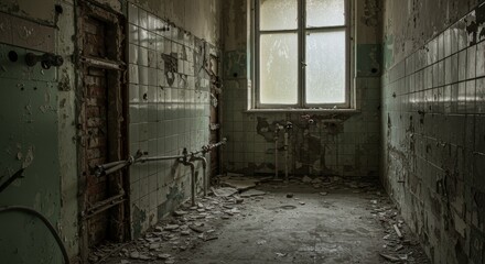 Obraz premium Derelict Bathroom Ruin - A dilapidated bathroom in an abandoned building, showing decay, damage, and the passage of time. Old pipes and broken tiles are visible