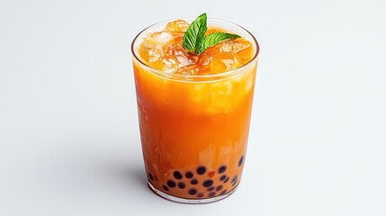 Invigorating Orange Boba Drink with Mint and Coconut on Clear Glass Over White Background