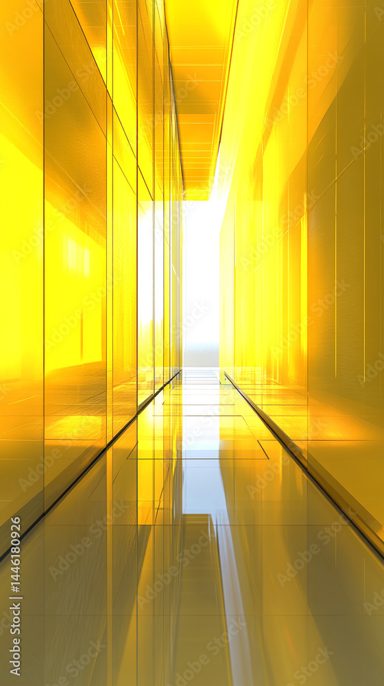 Poster abstract image of a yellow corridor with reflective floors and walls, showcasing a modern architectu