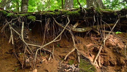 Obraz premium Tangled Roots Above Forest Soil