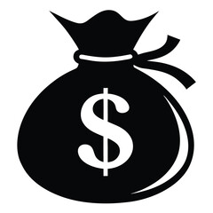 Isolated black money bag illustration, dollar currency sign, symbol, and tied ribbon