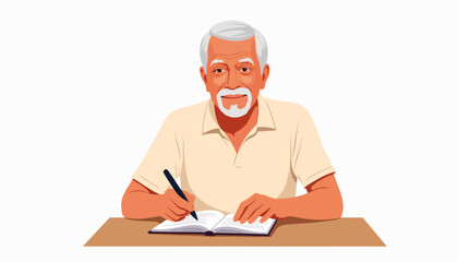 Senior man writing in notebook at table, creativity and reflection