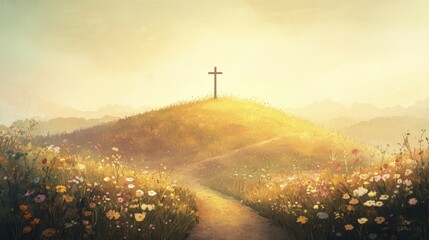 Christian Cross Symbol on Sunny Hill with Winding Path and Colorful Spring Meadow Flowers
