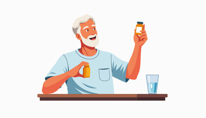Senior man smiling while holding pill bottles on a table, health awareness