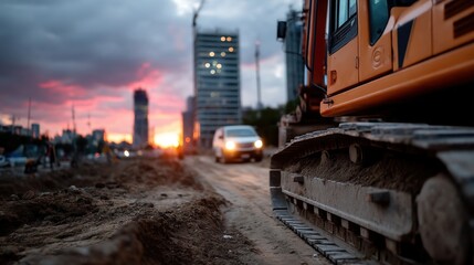 Construction Site on Urban Road with Heavy Machinery and Vehicles at Sunset