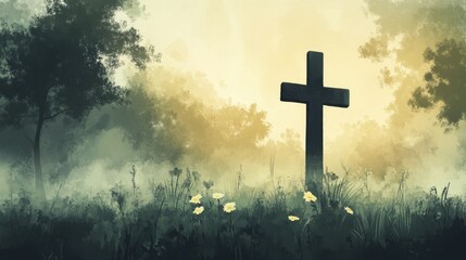 Religious cross standing in misty field with wildflowers at golden hour light