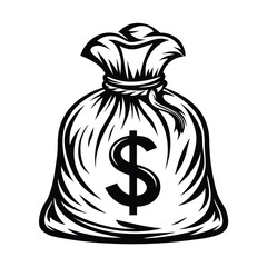 Money Bag Silhouette, Sack Filled with Wealth, Finance Concept, Black & White Icon