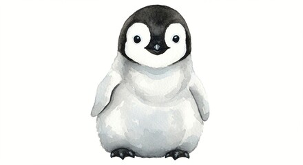 Obraz premium Adorable watercolor painting of a baby penguin with soft, fluffy feathers and big eyes