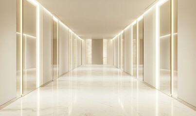 Empty luxurious hallway with clean modern lines, white walls, large mirrors reflecting soft lighting, and subtle marble flooring patterns,