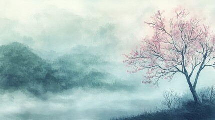 Asian style landscape painting misty mountains soft pink blossoms flowering tree