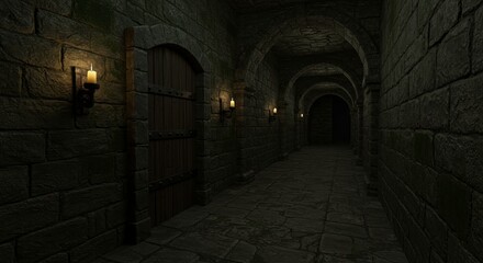 Dimly Lit Dungeon Corridor - A mysterious, dimly lit dungeon hallway with a heavy wooden door, stone walls, and flickering candlelight evokes feelings of suspense, mystery, confinement