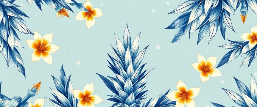 Rough blue & white vintage wallpaper panorama with seamless pineapple flower & leaf print , summer, home - Powered by Adobe