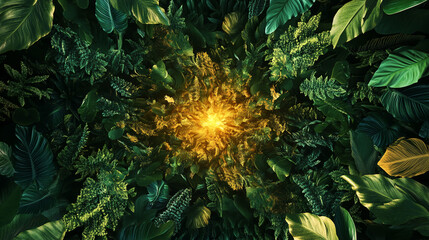 Dense array of lush green and gold tropical foliage, converging towards a bright center, showcasing nature's vibrancy and energy, ideal for background or design