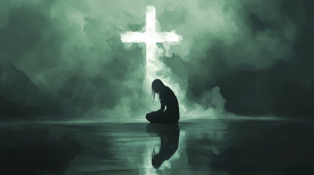Silhouette of Seated Figure Before Glowing Cross Reflecting on Water, Evoking Spiritual Reflection and Peace
