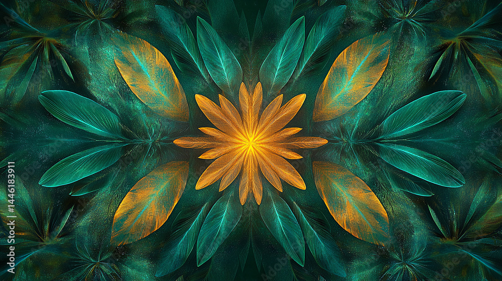 Poster symmetrical image of teal and gold leaves forming a flower-like pattern, showcasing a lush and vibra