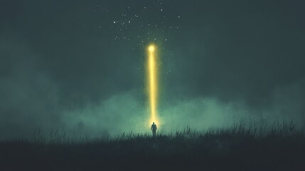 Fototapeta premium Lone Figure Stands Before Glowing Light Beam in a Mysterious Landscape with Tall Grass Under a Cloudy Night Sky