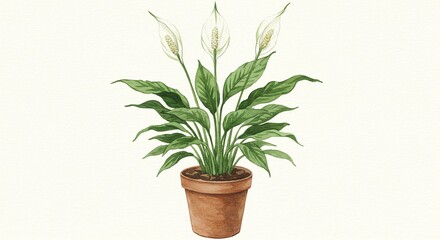 Peace lily watercolor illustration in a terracotta pot, against a plain background