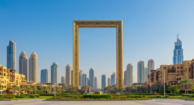 Dubai Frame Skyline View - Modern architecture, vibrant city, lush greenery, golden frame, urban landscape. Symbolizing progress, beauty, prosperity, innovation, and tourism