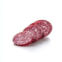 Salami slices arranged in row isolated on white background