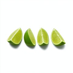 Four lime wedges in a row isolated on white background