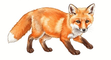 Obraz premium Watercolor illustration of a fox in a semi-crouched position against a white backdrop.