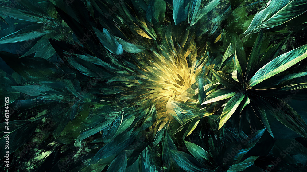 Aufkleber abstract image of lush green foliage swirling towards a bright yellow center, creating a dynamic and