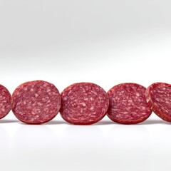 Salami slices in a row isolated on white background