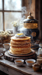 Fototapeta premium Cozy Breakfast Scene Stack of Pancakes by Sunny Window