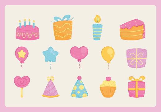 Yellow Pink Celebration Elements Doodle Illustration Set