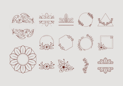 Brown Botanical Flower Leaf Line Drawing Icons Set