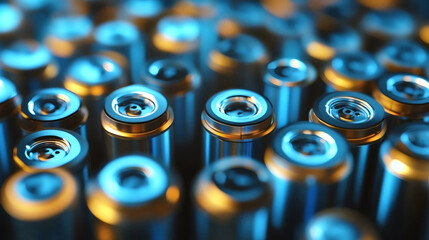 Close Up Array of Blue and Gold Lithium Ion Batteries Energy Concept