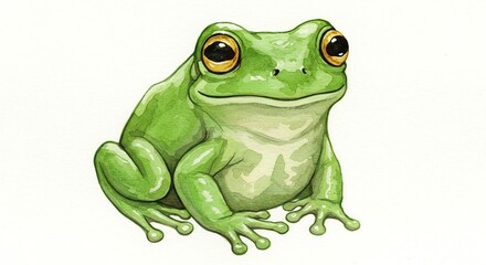 Obraz premium Watercolor painting of a bright green tree frog with big, golden eyes on white paper.