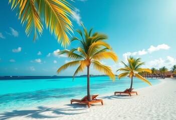 Sun-drenched palms shade luxurious sunbeds overlooking a turquoise sea on a tropical beach,   holiday,   sunlit