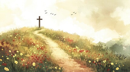 Peaceful watercolor landscape showing a winding dirt path leading up a vibrant hill adorned with red and yellow wildflowers towards a wooden cross under a hopeful sky with birds