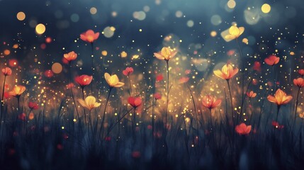 Glowing Red and Yellow Flowers with Bokeh Lights in Dark Ethereal Meadow at Night