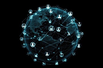 Network of global connections displayed over a digital globe with icons representing diverse interactions, network of connections with icons over globe on black background