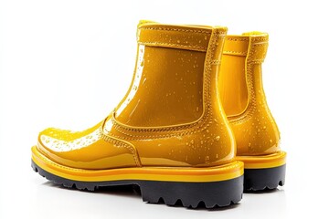 Shiny yellow rain boots perfect for puddle jumping fun Water droplets gleam stylish and waterproof