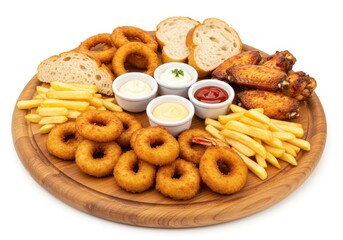 Fried platter with dips and wings on white background