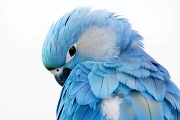 Fototapeta premium Blue Parrot Portrait - Close-up of a vibrant blue parrot, feathers detailed, against a white background. A peaceful and serene