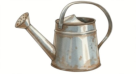 Watering can with rustic, weathered metal. Garden tool for nurturing plant life.