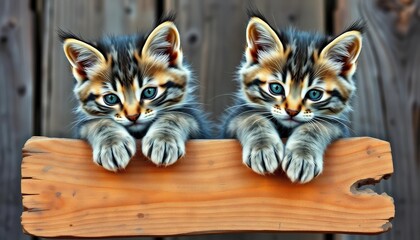 Two adorable gray tabby kittens paws on rustic wood sign,  friendly,  illustration