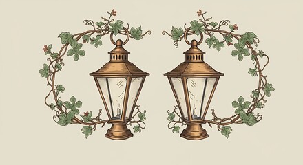 Fototapeta premium Pair of vintage lanterns with floral wreath