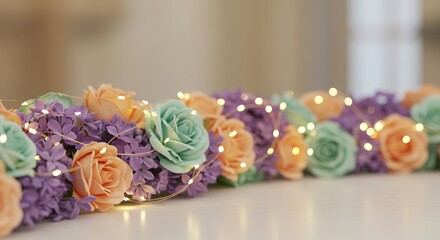 Pastel floral garland with string lights