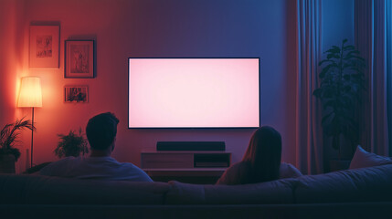 Family sitting together on a comfortable sofa, seen from behind, watch a large blank television screen in living room with white screen, mockup for advertising or promotional.